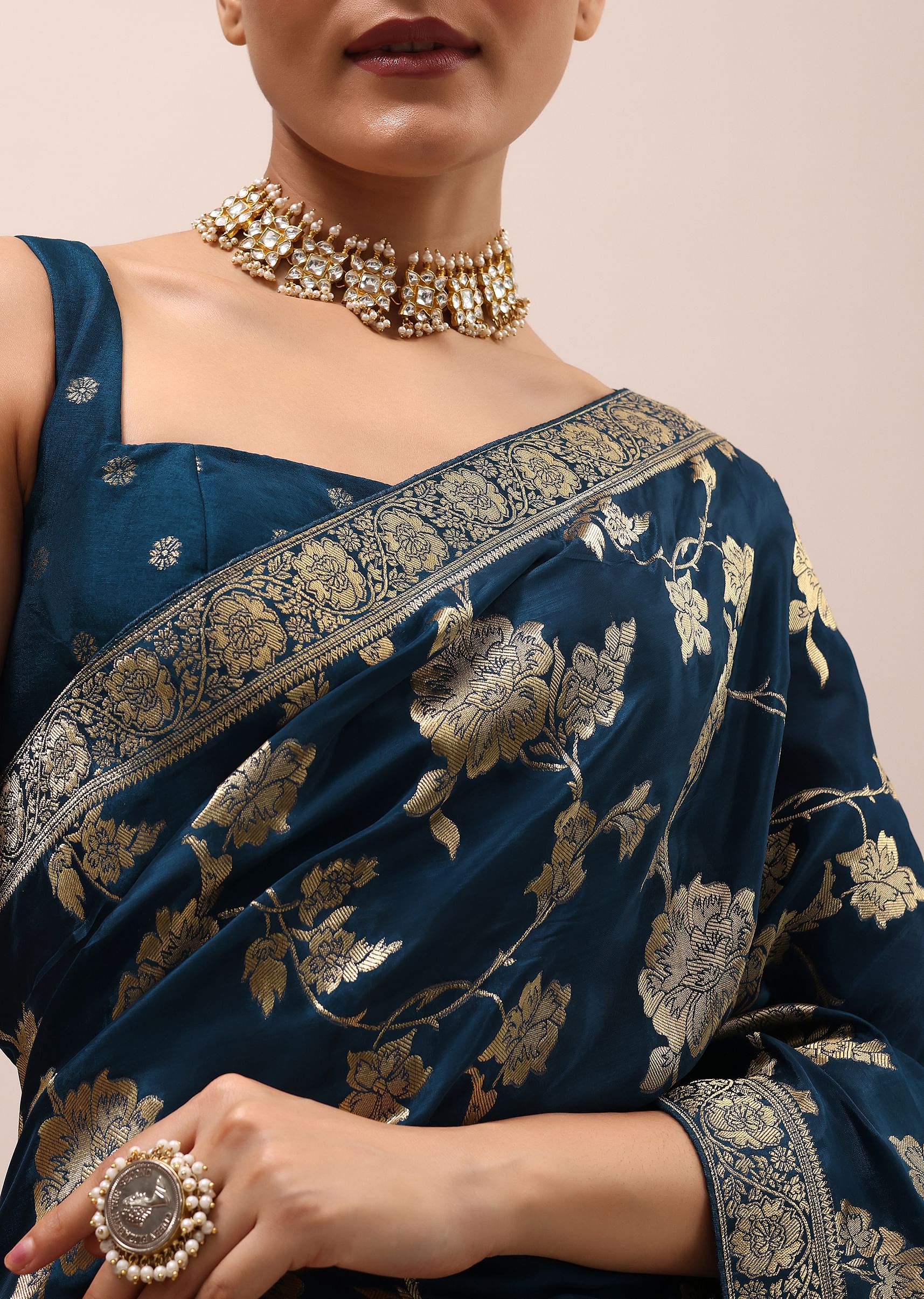 Buy Navy Blue Silk Saree In Butta Work With Unstitched