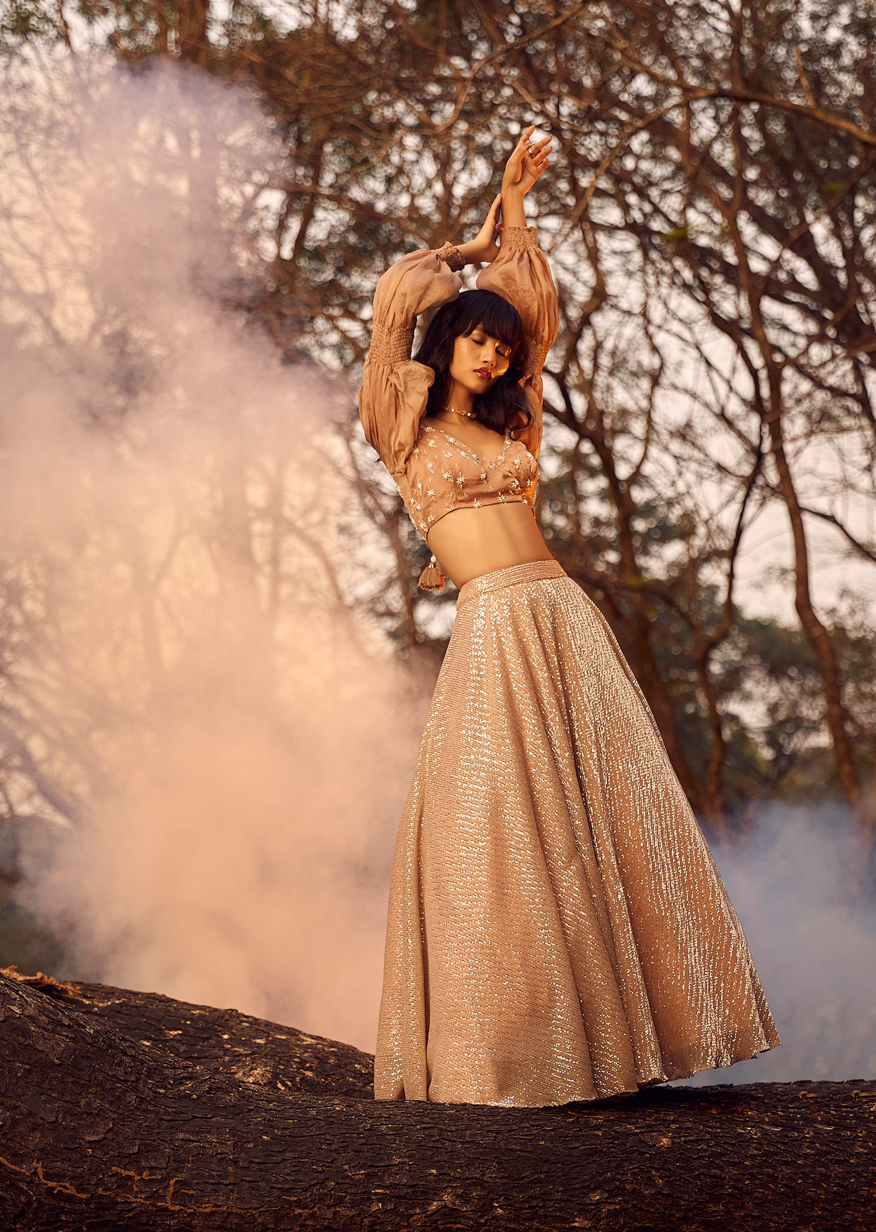 Buy Nude Beige Ombre Lehenga And Crop Top With Fancy Double