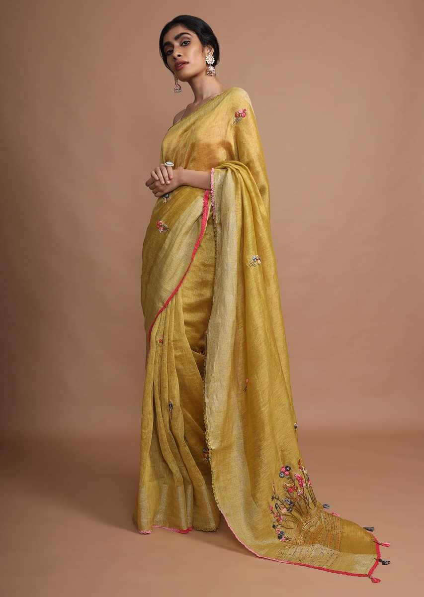 【高額売筋】 Buy Ochre Yellow Saree In Tussar Silk With Bud Embroidered 布・生地