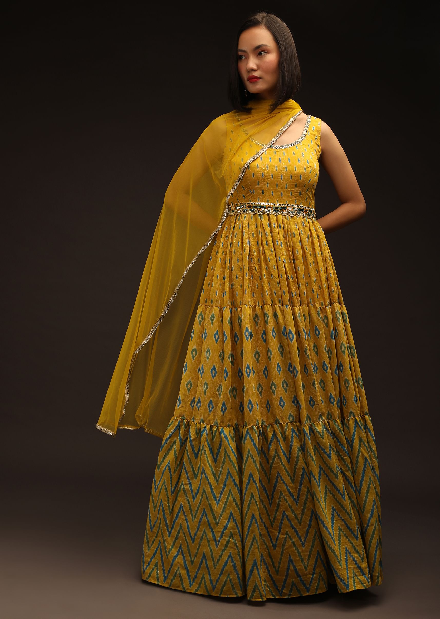 Buy Ochre Anarkali Suit In Silk With Ikkat Print And Mirror Embroidery