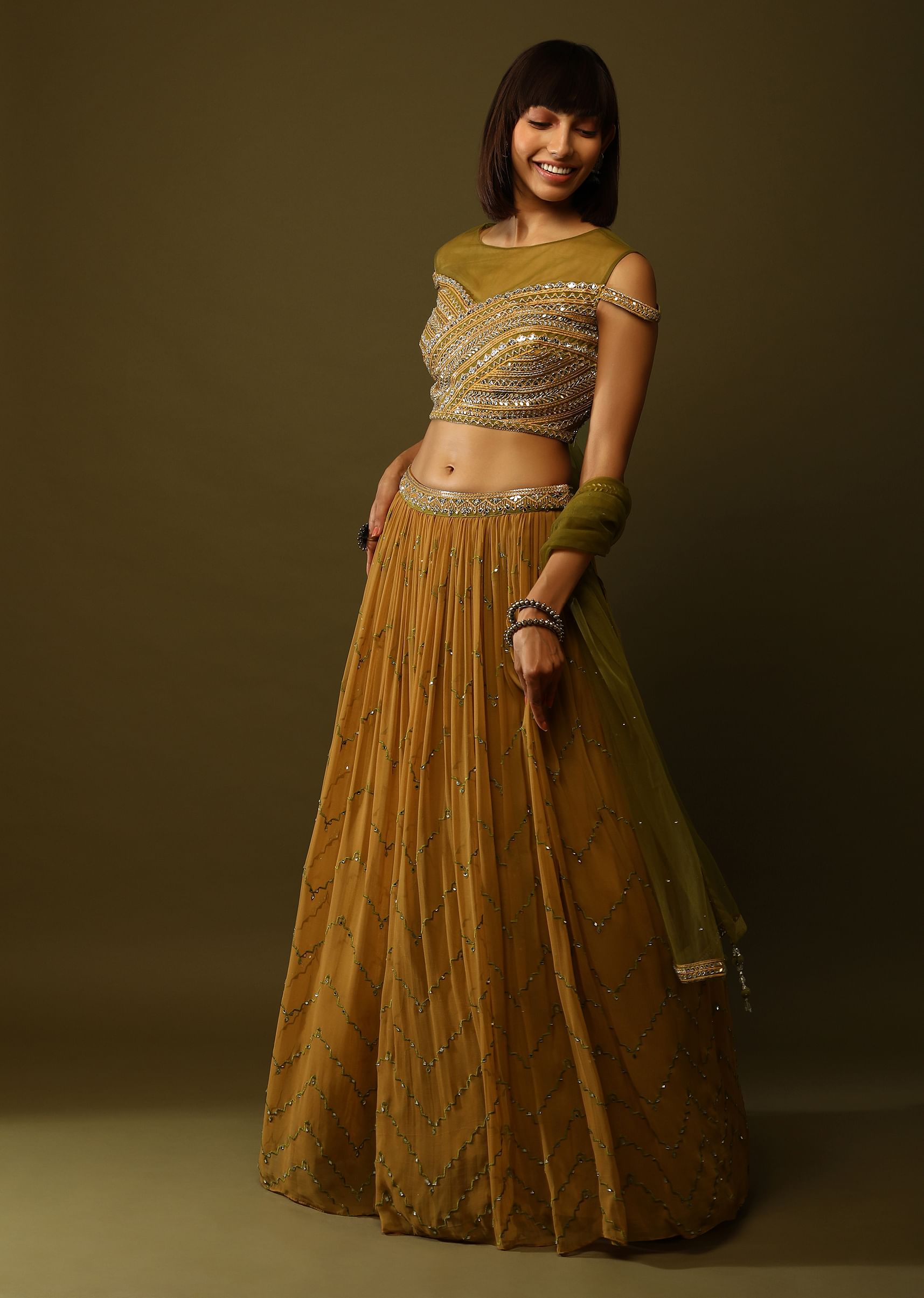 Buy Ochre Yellow Lehenga Choli With Resham And Mirror Work And Cold Shoulder Sleeves KALKI Fashion Global