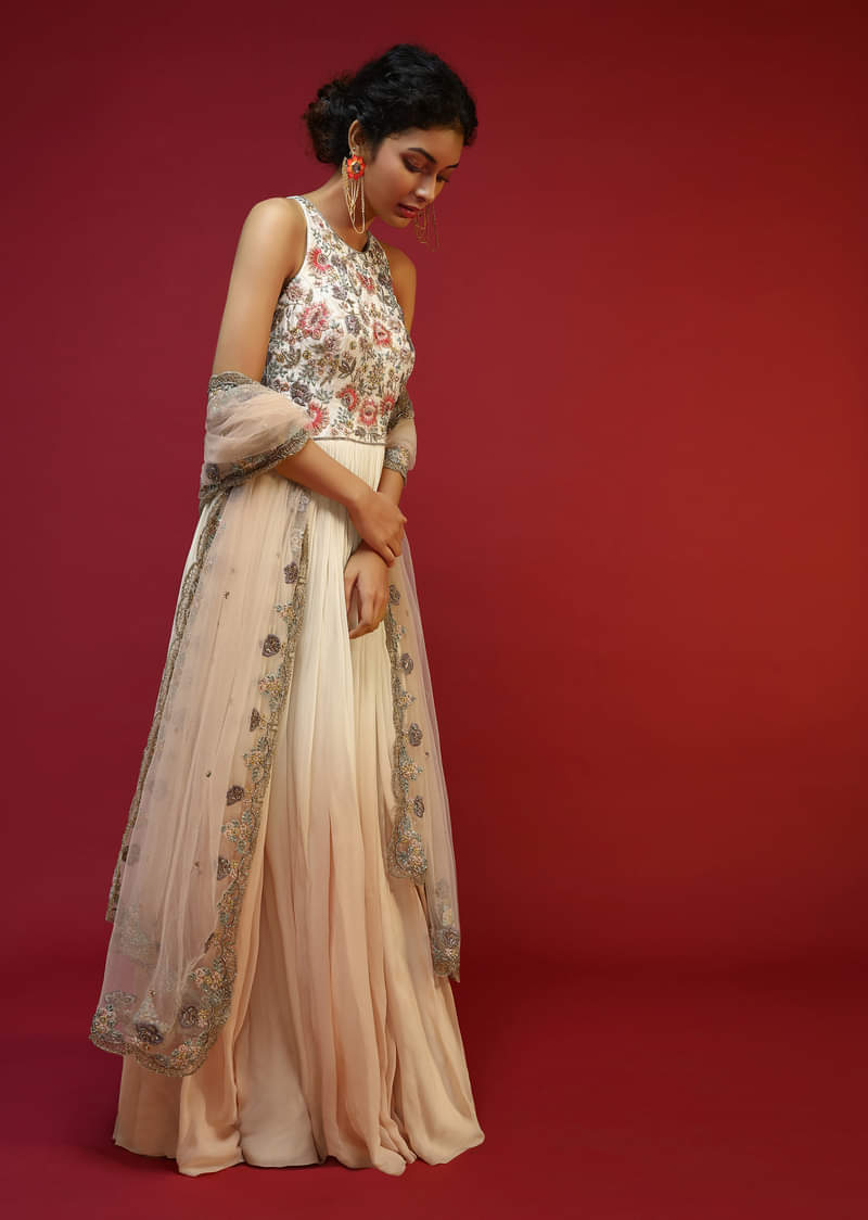 Off White Anarkali Suit With Halter Neckline And Adorned In Multicolored Hand Embroidered Floral Design On The Bodice  
