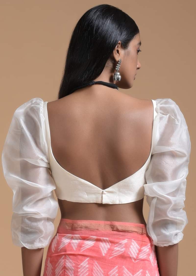 Off White Blouse In Raw Silk With Fancy Puffed Organza Sleeves And Sweetheart Neckline