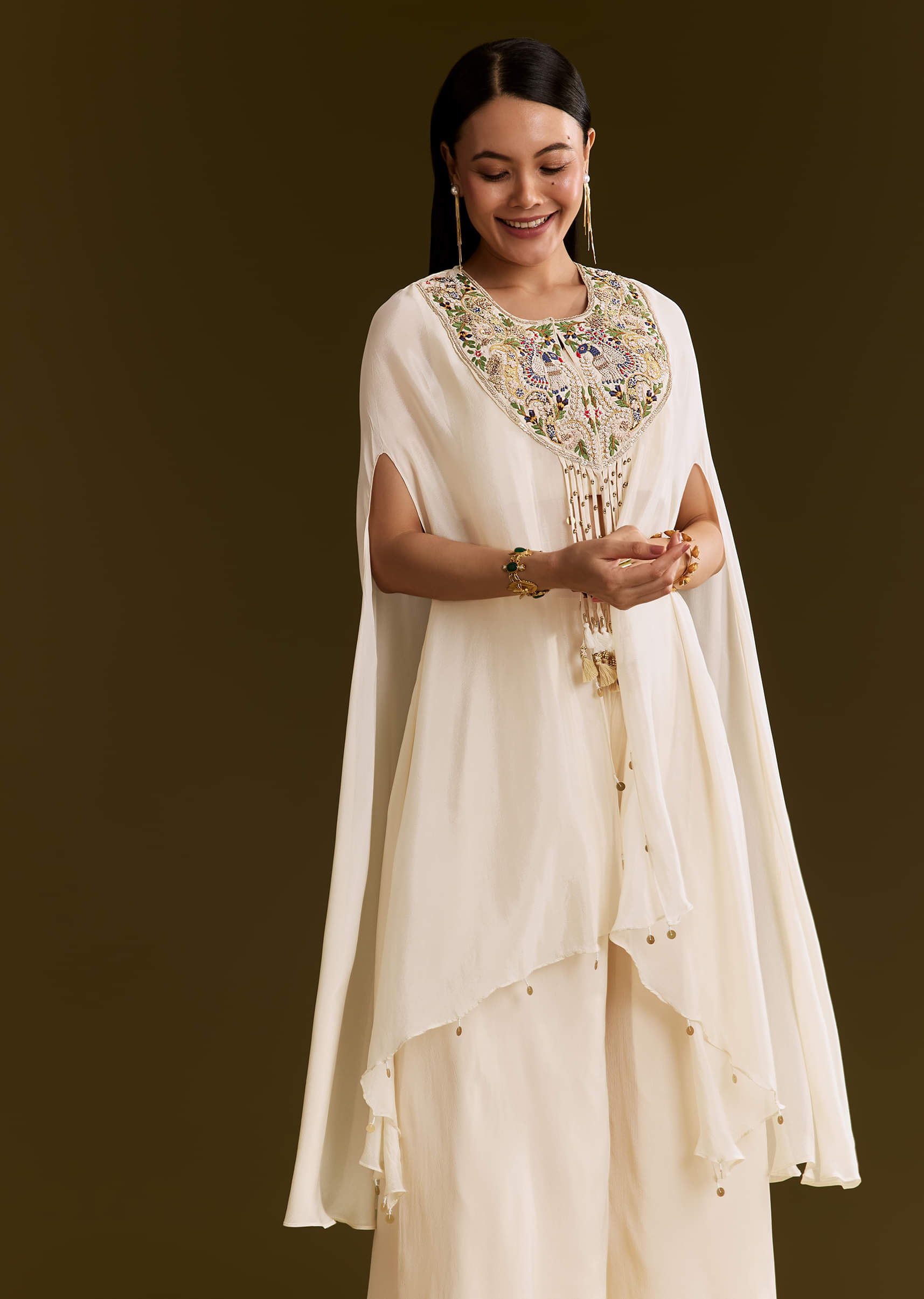 Buy Off White Chinon Cape Suit With Zardosi And Moti Embroidery