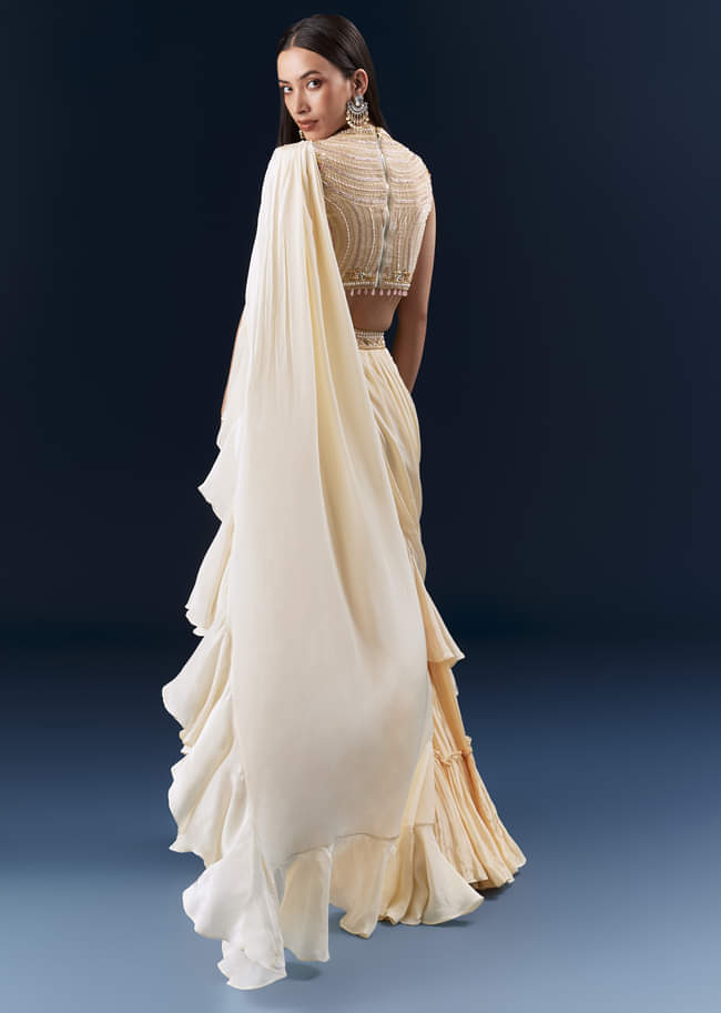 Off White Crepe Ready Pleated Saree With Heavy Hand Embroidery