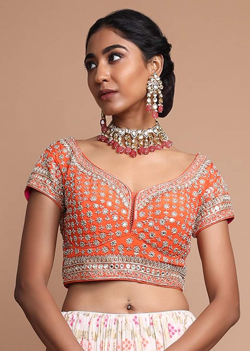 Off White Lehenga With Bandhani Print, Weaved Design And Heavy Gotta Work Border 