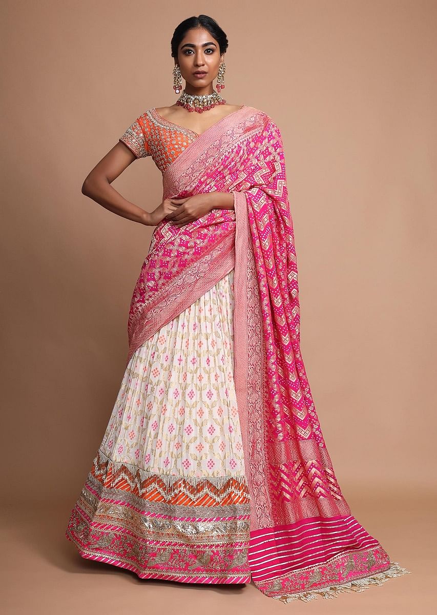 Buy Off White Lehenga With Bandhani Print Weaved Design And Heavy Gotta Work Border Online Kalki Fashion