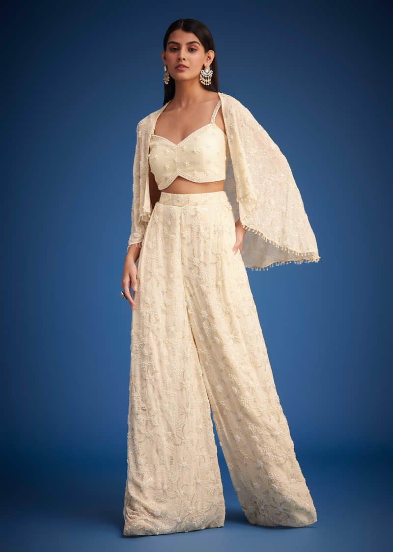 Buy off white embroidered cape palazzo set kalki fashion india