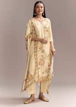 Off White Silk Kurta Set With Floral Print