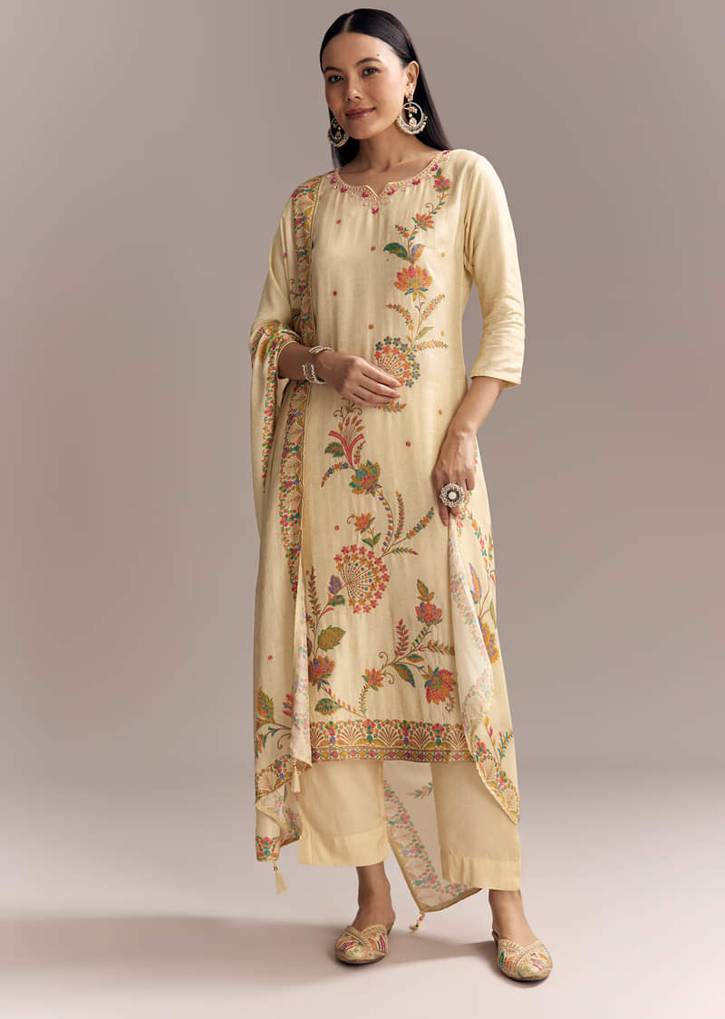 Off White Silk Kurta Set With Floral Print