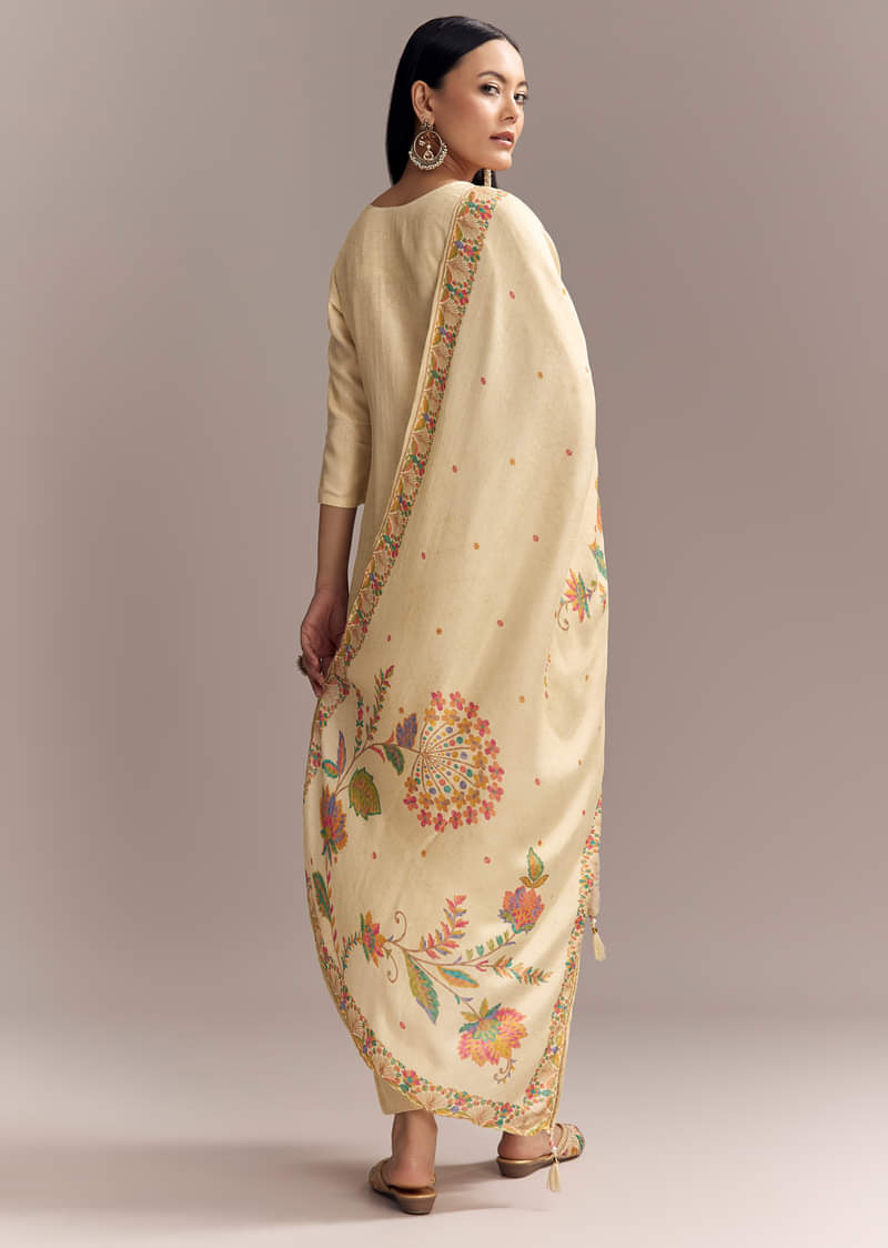 Off White Silk Kurta Set With Floral Print