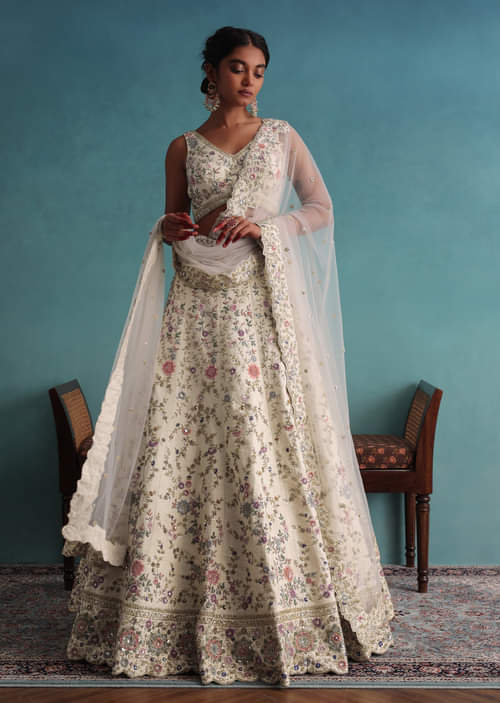 White Floral Bridal Lehenga White Bridal Lehenga With Red Dupatta