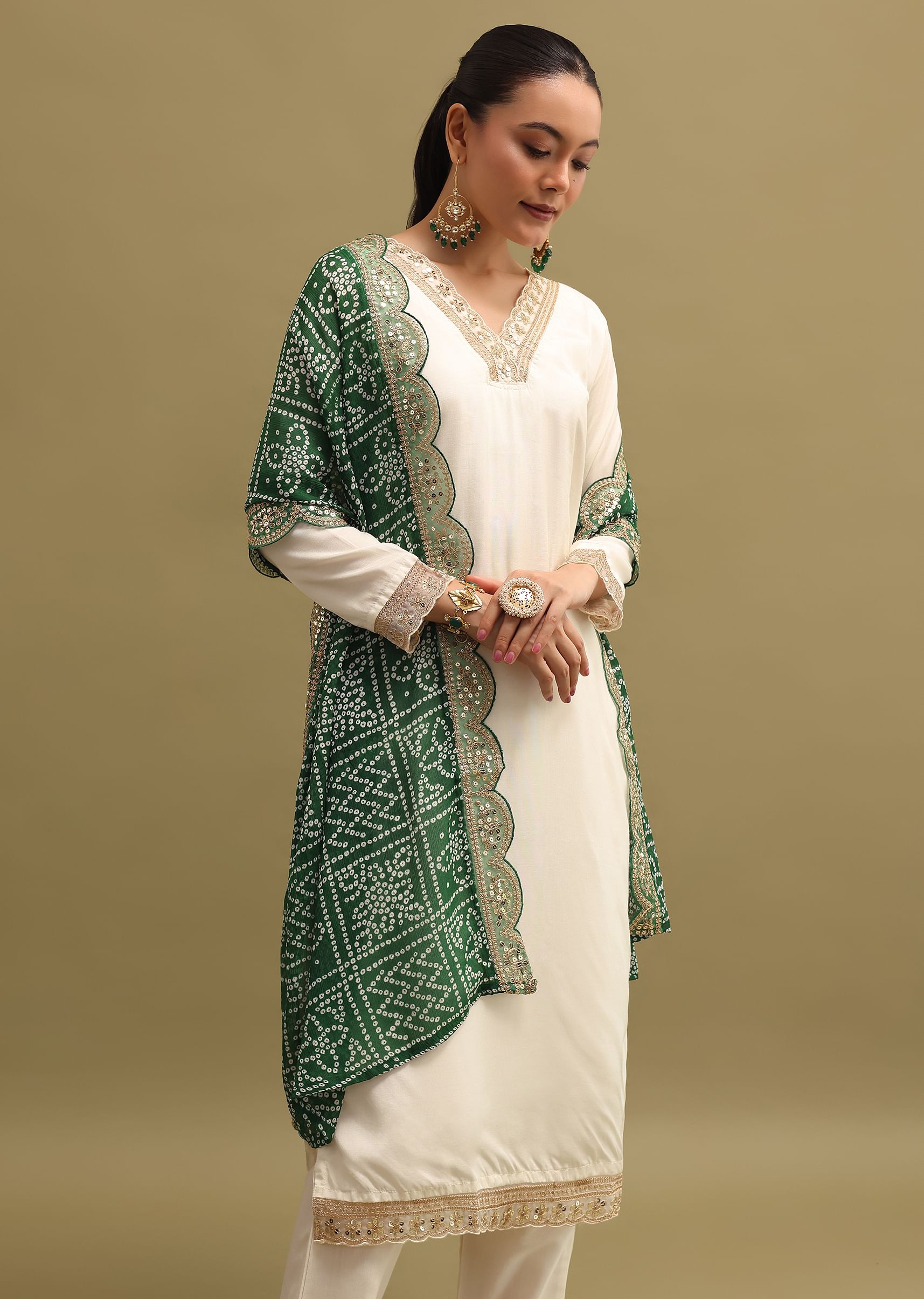 Buy Off White And Green Cotton Silk Kurta Set With Dupatta KALKI Fashion Global