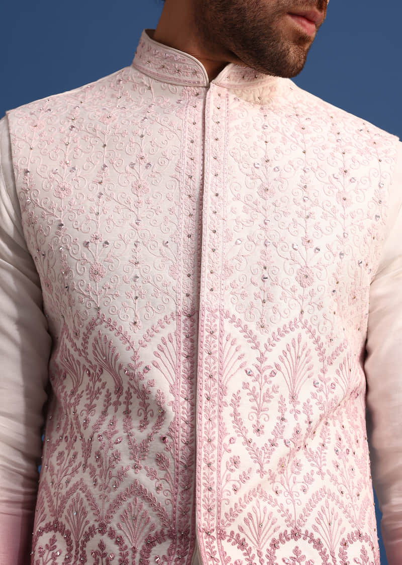 Buy Off White And Pink Ombre Kurta Set With Mirror Work Jacket