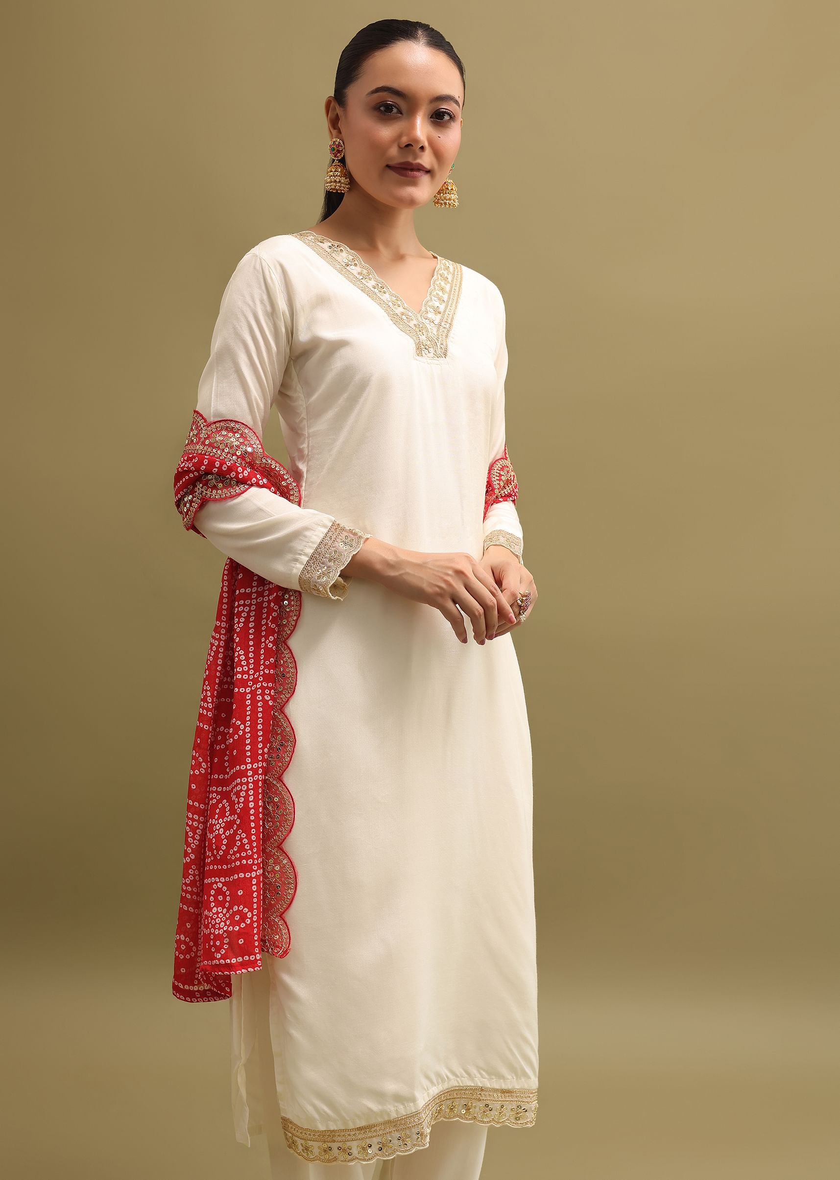 Off white suit with red dupatta clearance