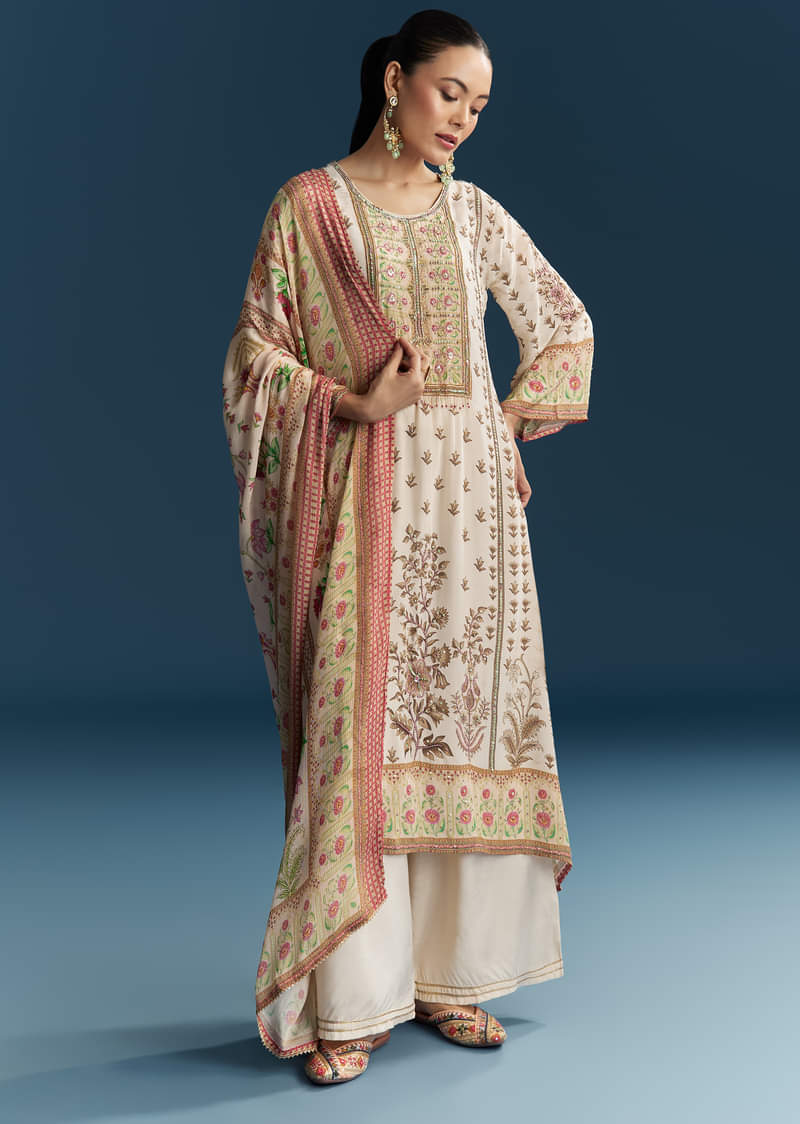 Off White Crepe Printed Kurta Set
