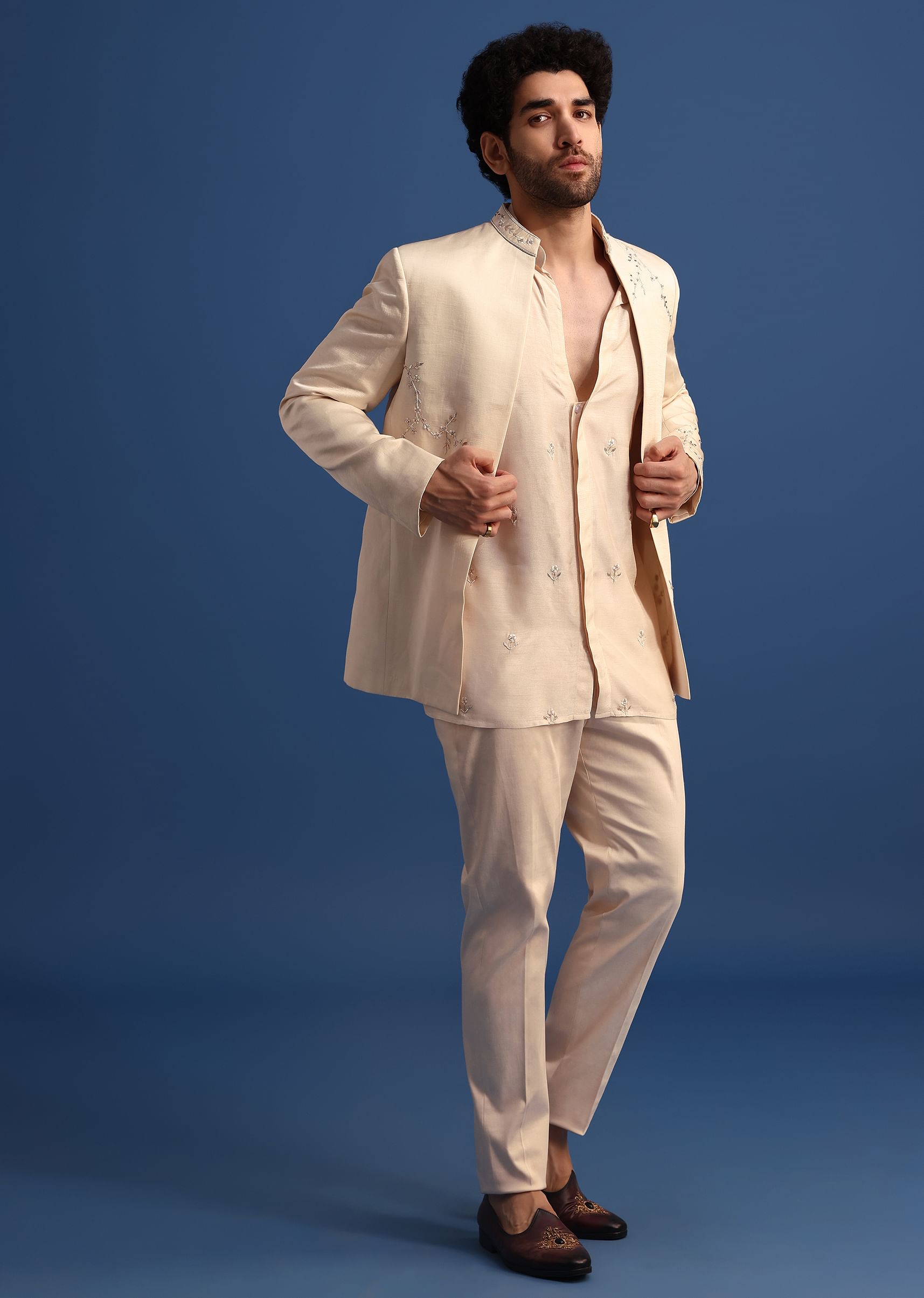 Buy Off White Embroidered Linen Jodhpuri Suit KALKI Fashion India