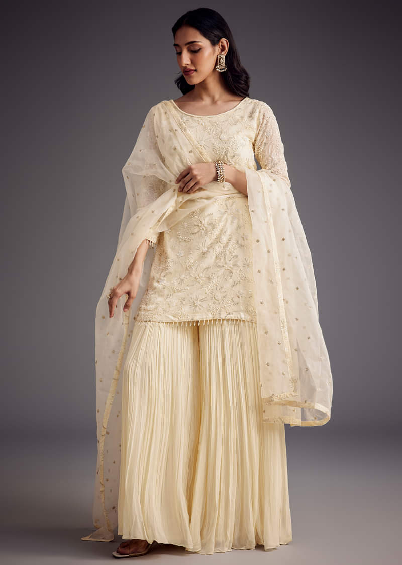 Off White Embroidered Sharara Set With Organza Dupatta