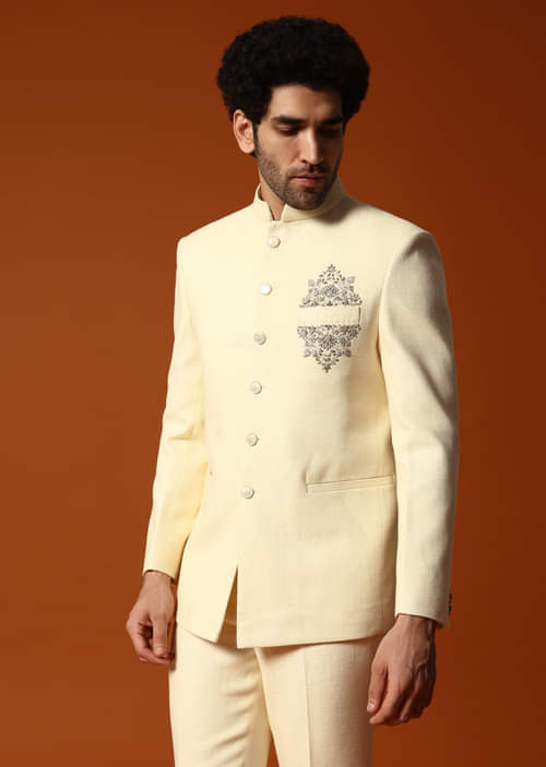 Buy Off White Embroidered Silk Jodhpuri Suit For Men