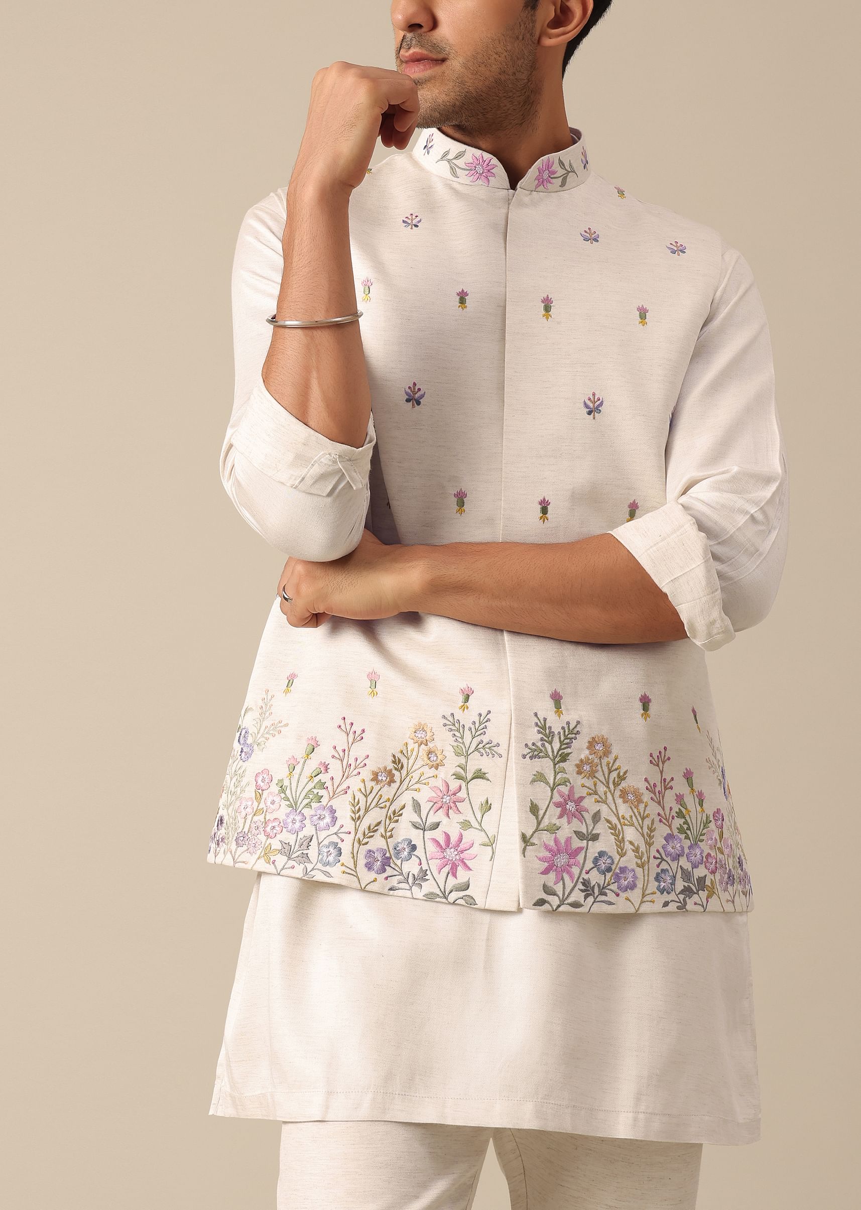 Buy Off White Floral Embroidered Jacket Kurta Set KALKI Fashion India