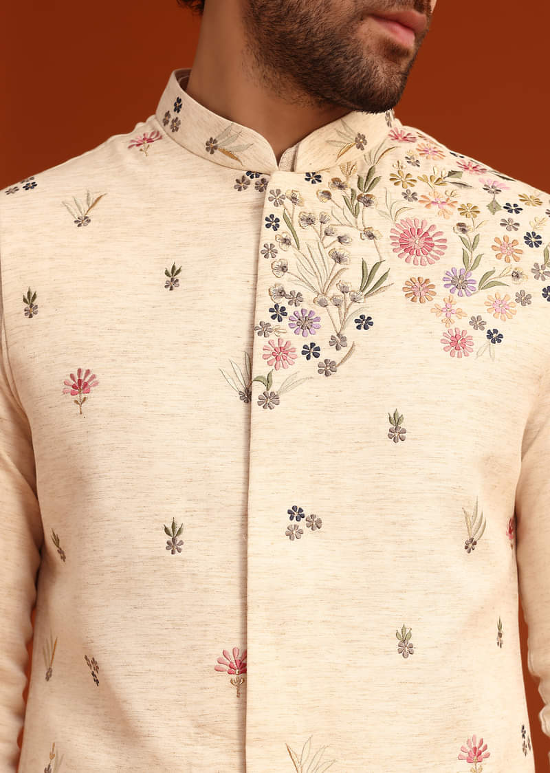 Buy Off White Floral Hand Embroidered Kurta Jacket Set
