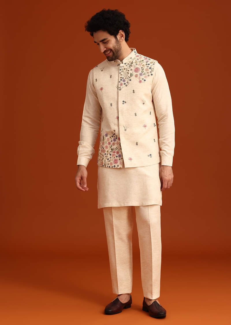Buy Off White Floral Hand Embroidered Kurta Jacket Set