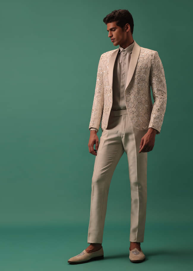 Off White Heavy Hand Embroidered Tuxedo Suit In Dola Silk
