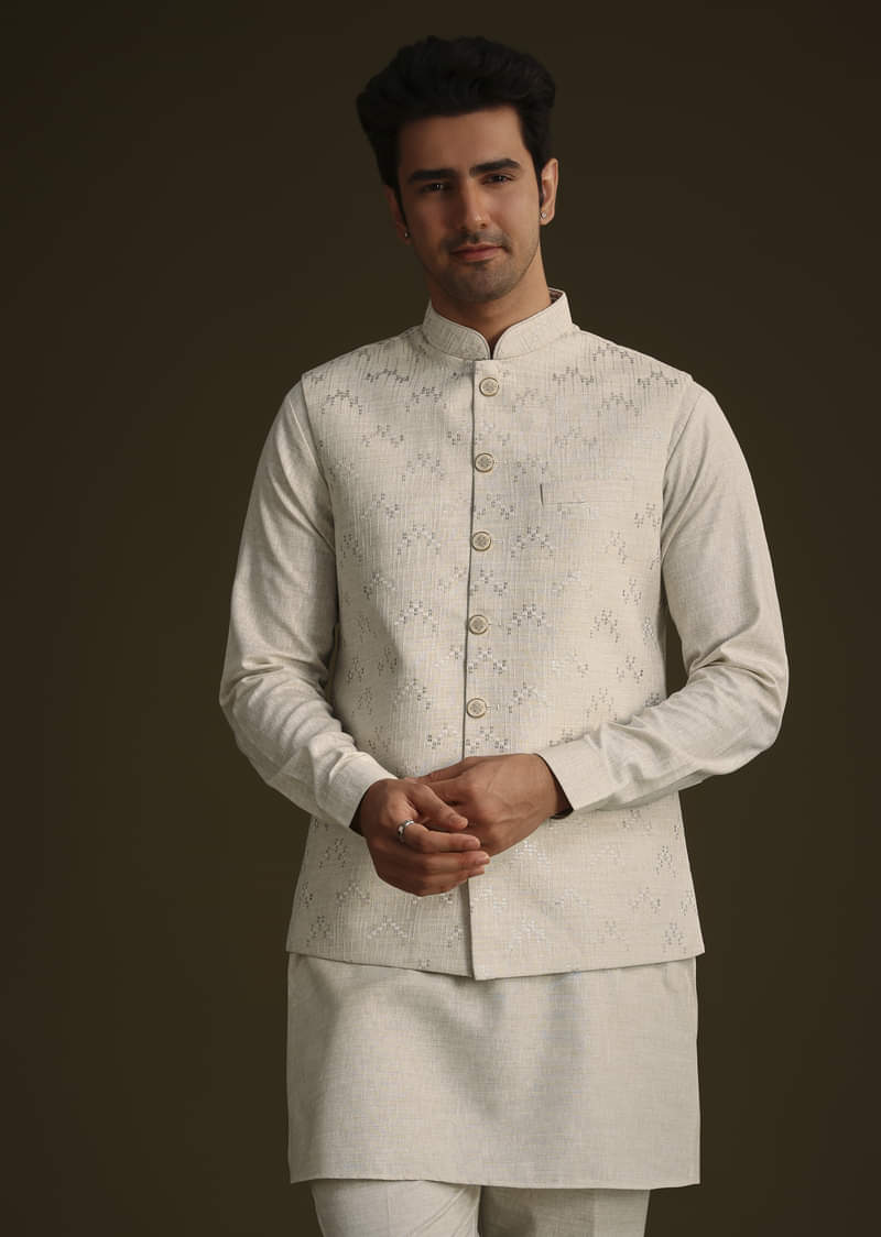 Off White Linen Kurta Set With Resham And Sequin Work