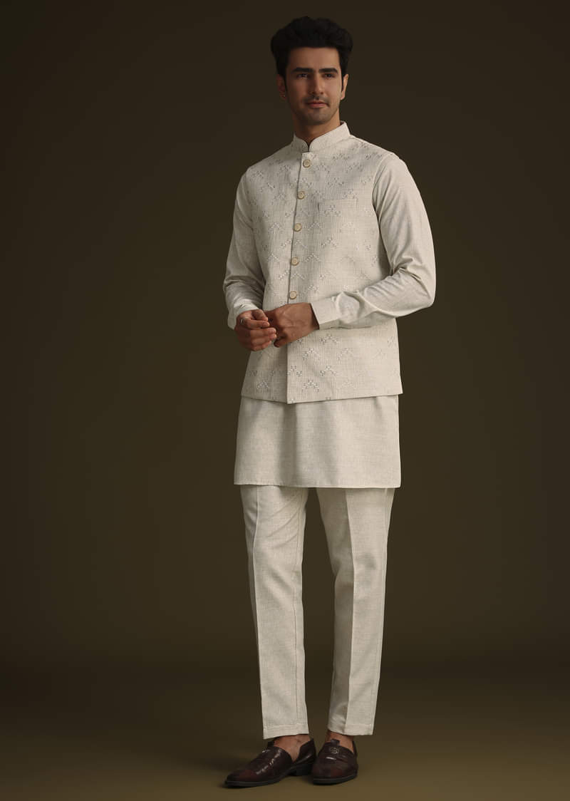 Off White Linen Kurta Set With Resham And Sequin Work