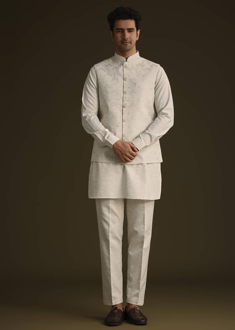 Off White Linen Kurta Set With Resham And Sequin Work
