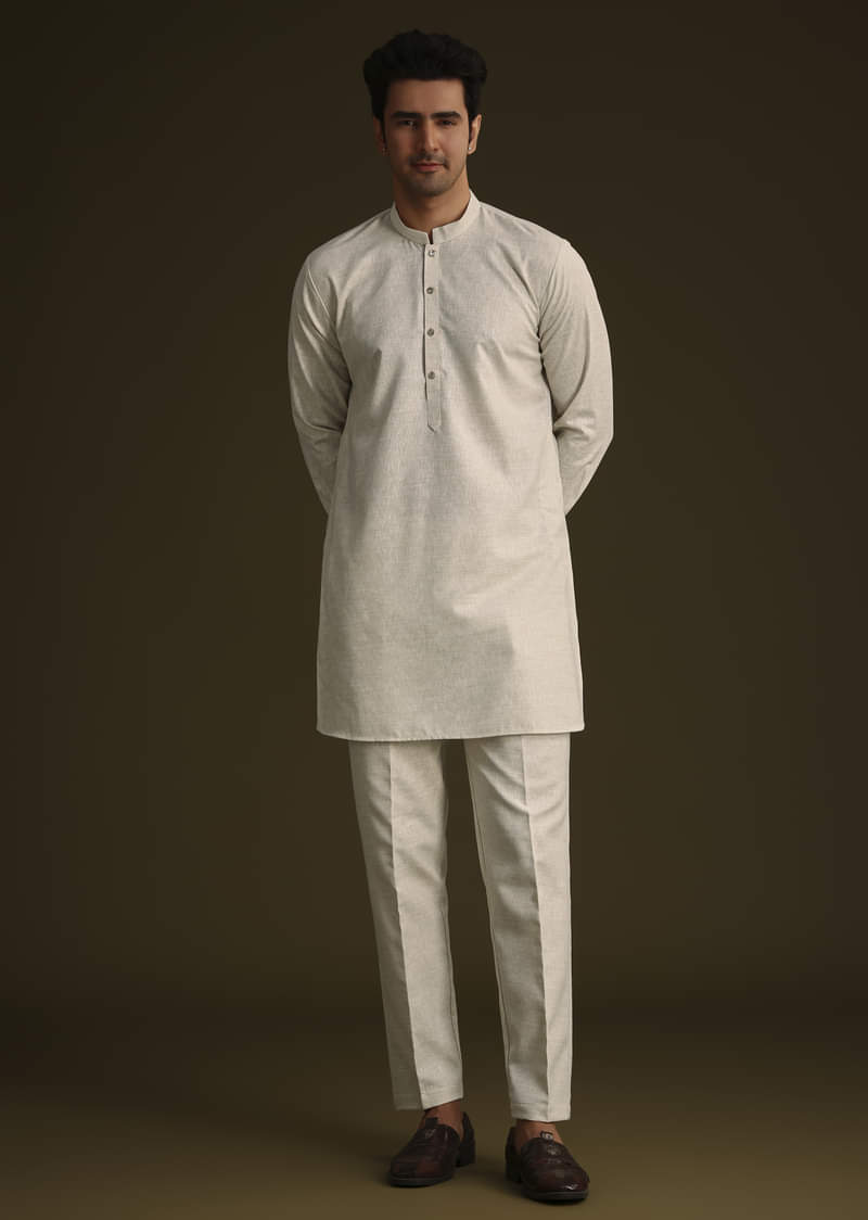 Off White Linen Kurta Set With Resham And Sequin Work