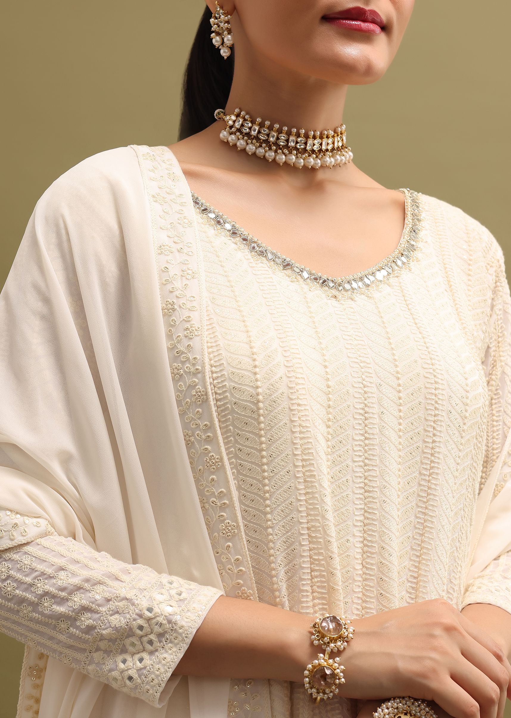 Buy Off White Lucknowi Georgette Anarkali Suit Set