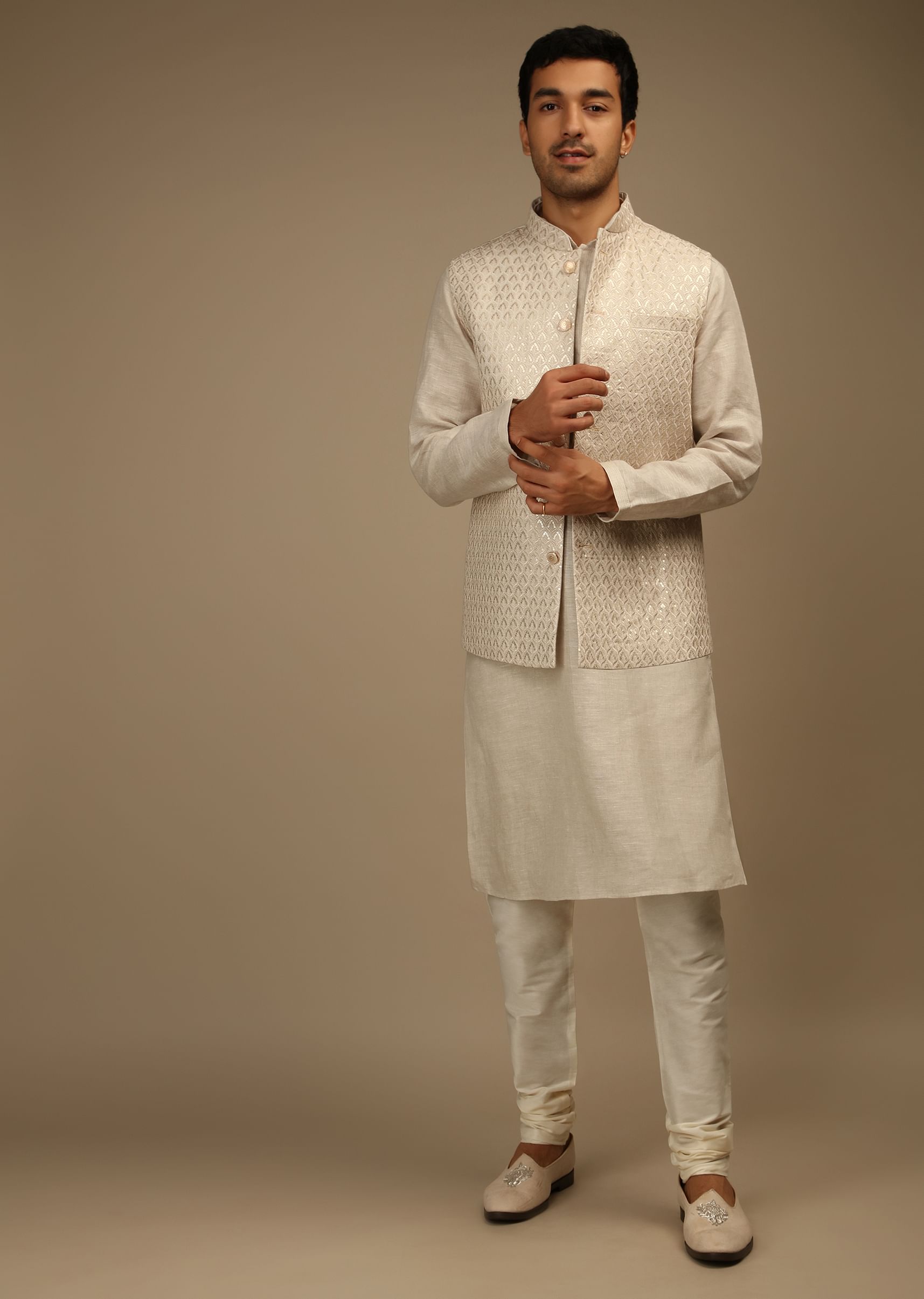 Buy Off White Nehru Jacket And Kurta Set In Linen Silk With Resham And Sequins Embroidered Moroccan Jaal
