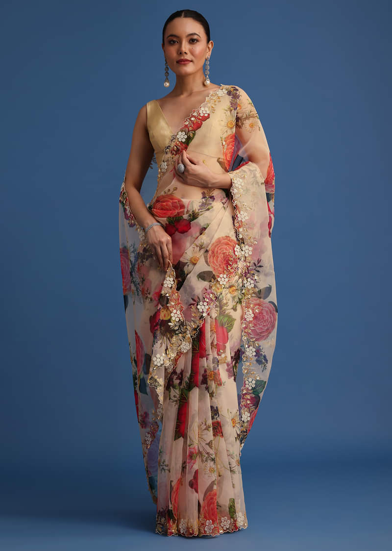 Off White Organza Floral Printed Saree With Embroidered Border