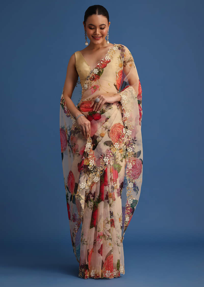 Off White Organza Floral Printed Saree With Embroidered Border
