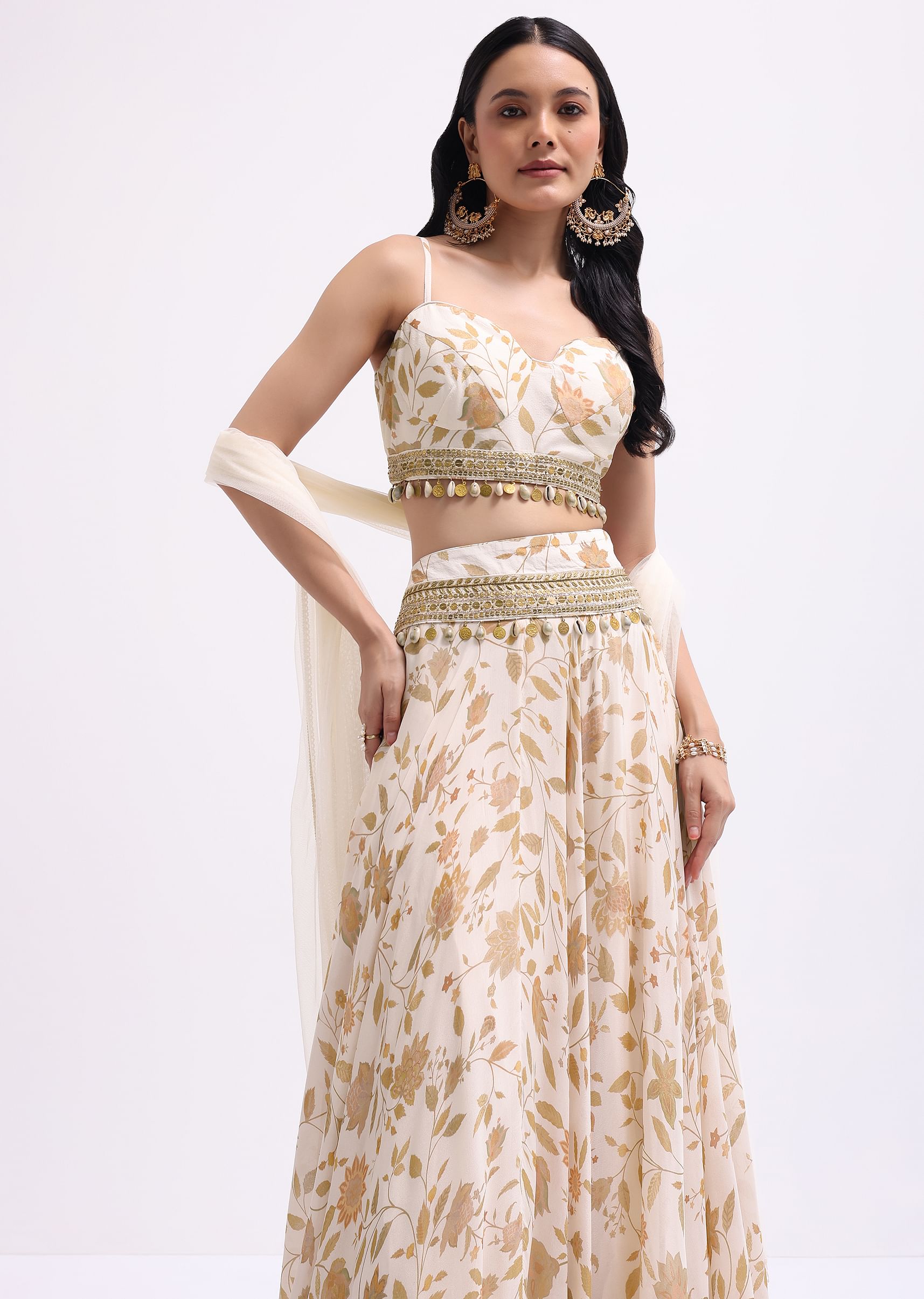 Buy Off White Printed Georgette Lehenga Choli Set