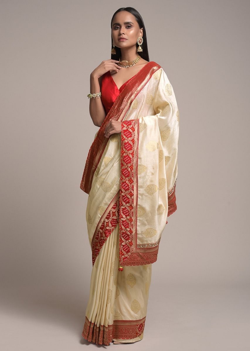 Red border off white saree on sale