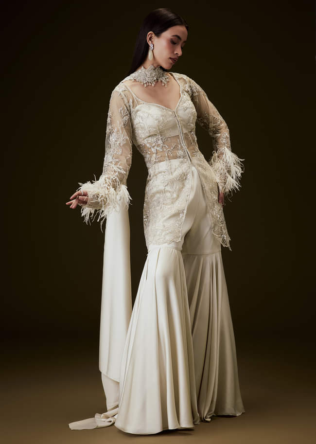 Off White Sequence Embroidered Sharara Set With Feather Sleeves Jacket And Bustier
