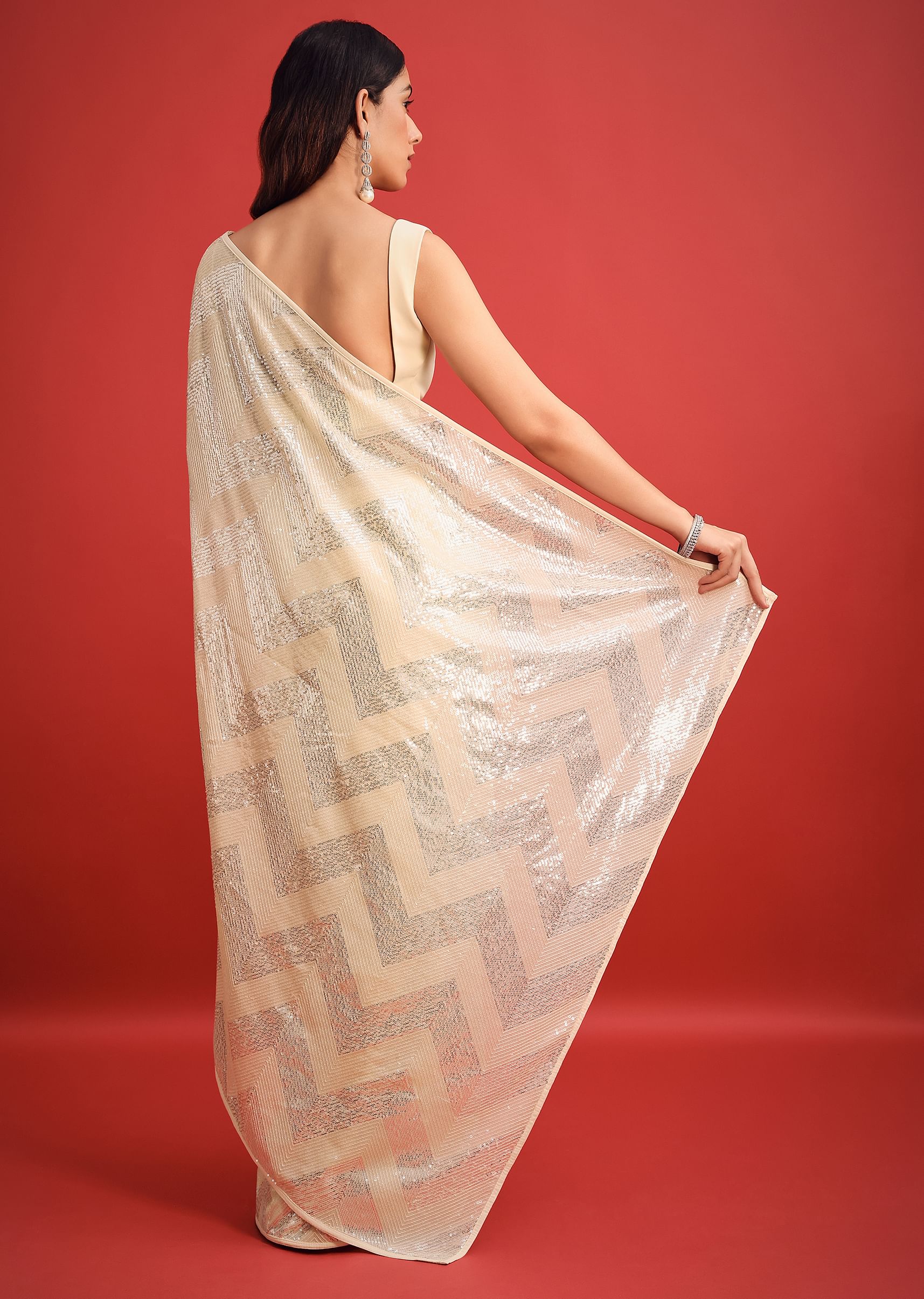 Buy Off White Sequins Embroidered Georgette Saree With
