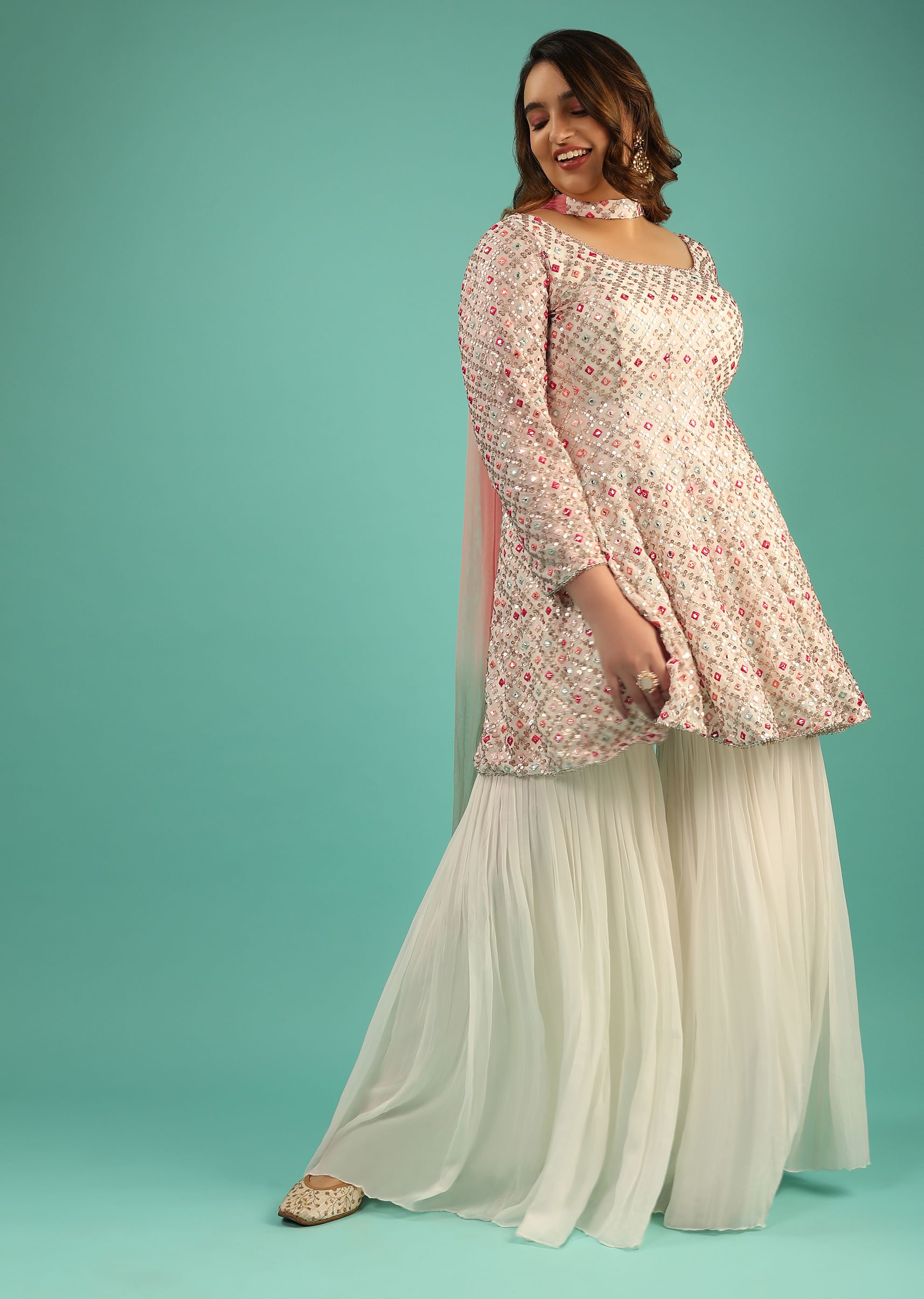 Buy Off White Georgette Peplum Kurti and Sharara set in Colorful Resham And Mirror Abla Jaal