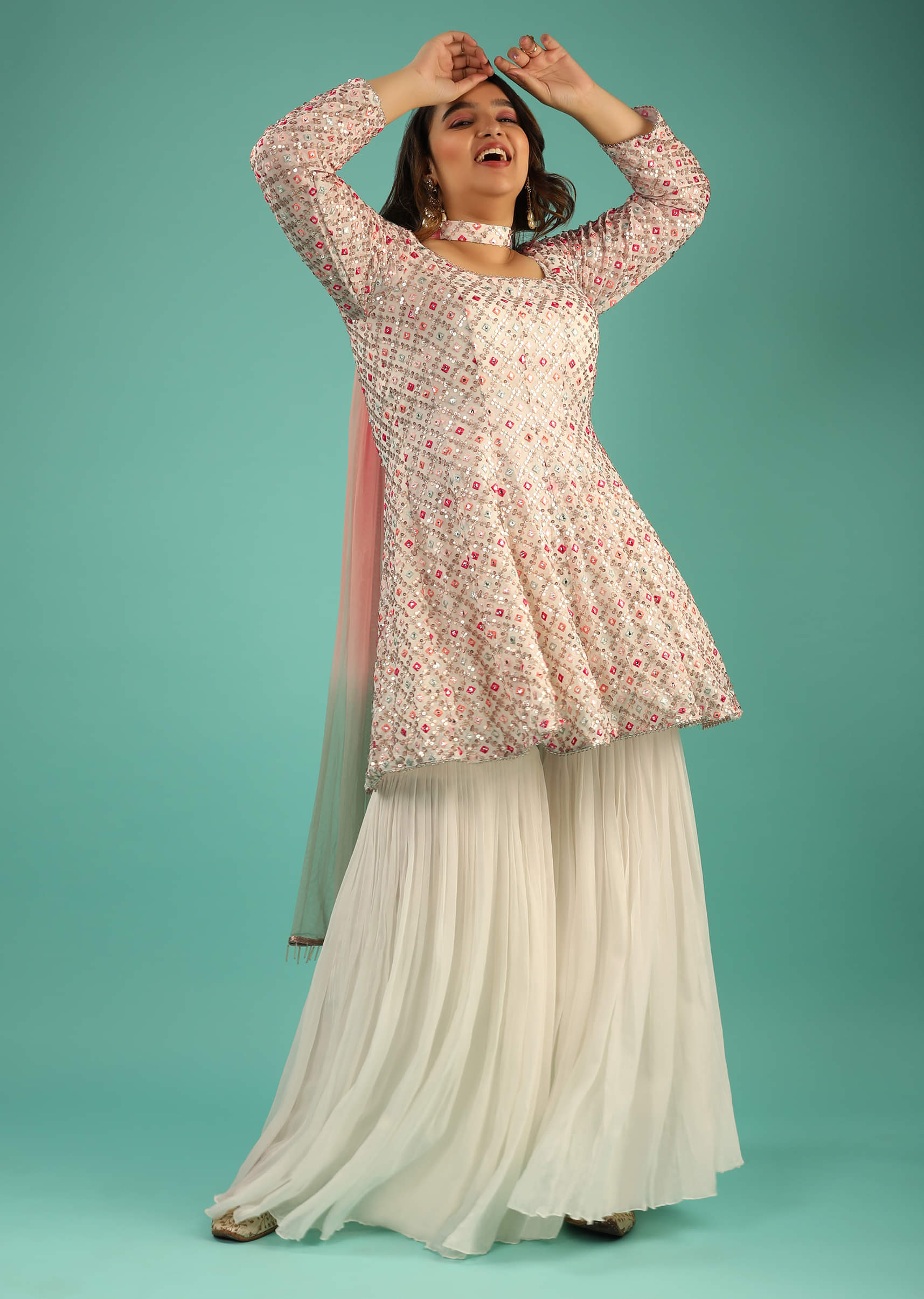 Buy Off White Georgette Peplum Kurti and Sharara set in Colorful Resham And Mirror Abla Jaal