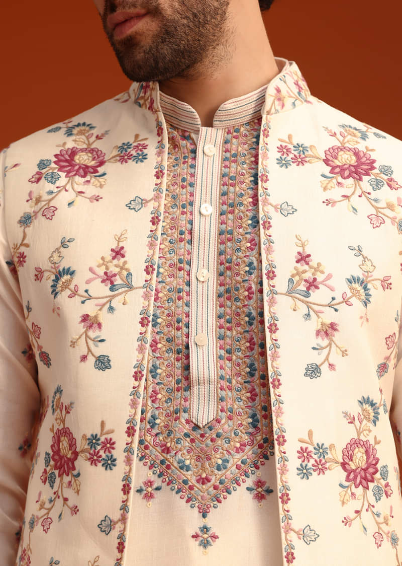 Buy Off White Silk Resham Work Kurta Jacket Set | KALKI