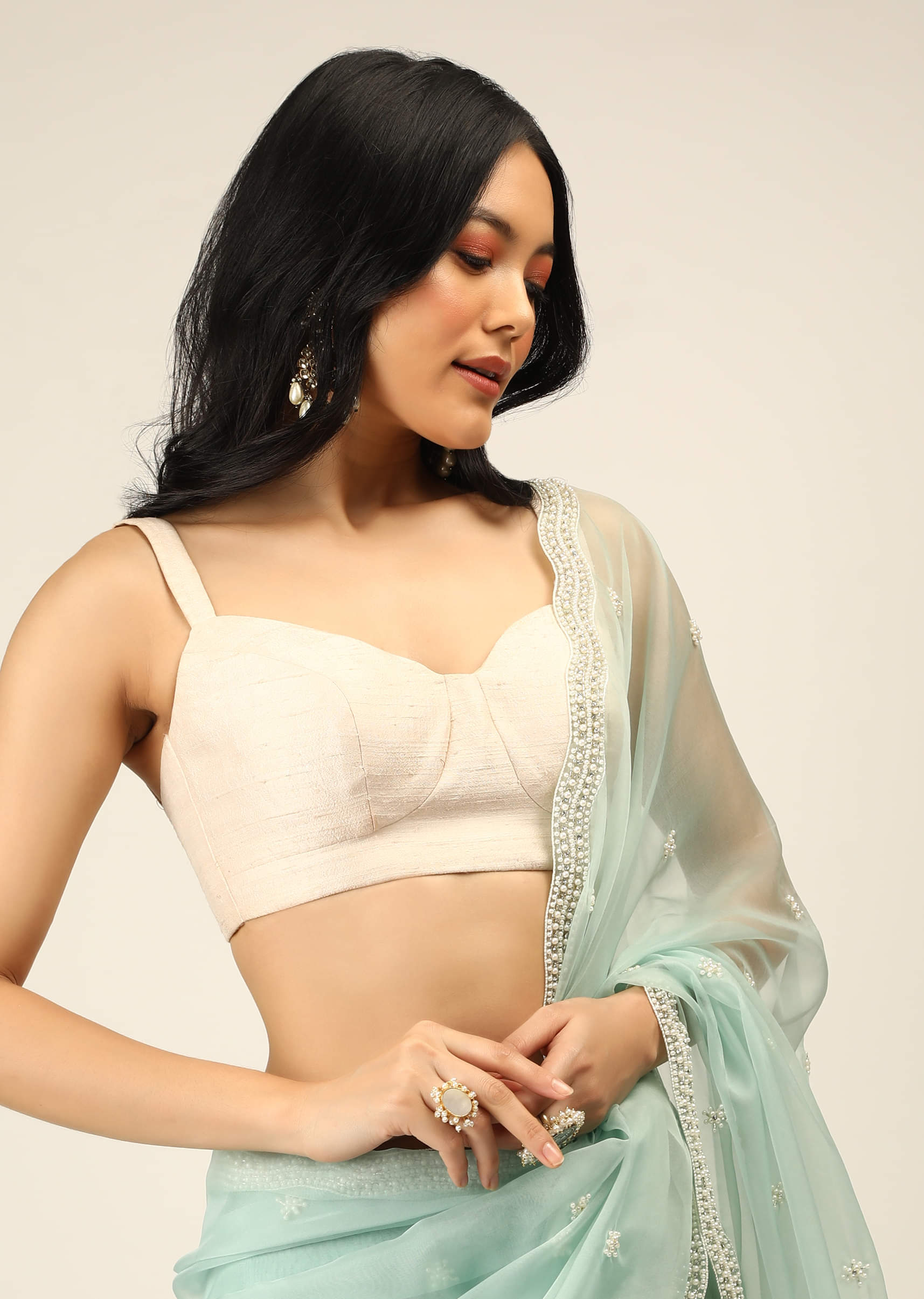 Buy Off White Sleeveless Blouse In Raw Silk With Corset