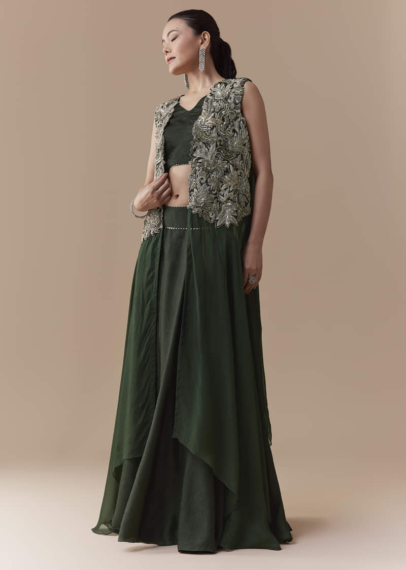 Olive Crop Top Silk Skirt Set with Sequin Jacket