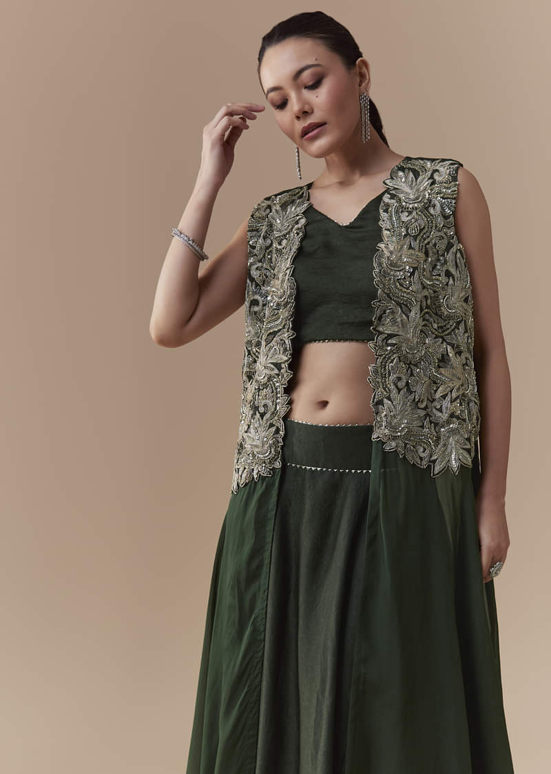 Olive Crop Top Silk Skirt Set with Sequin Jacket
