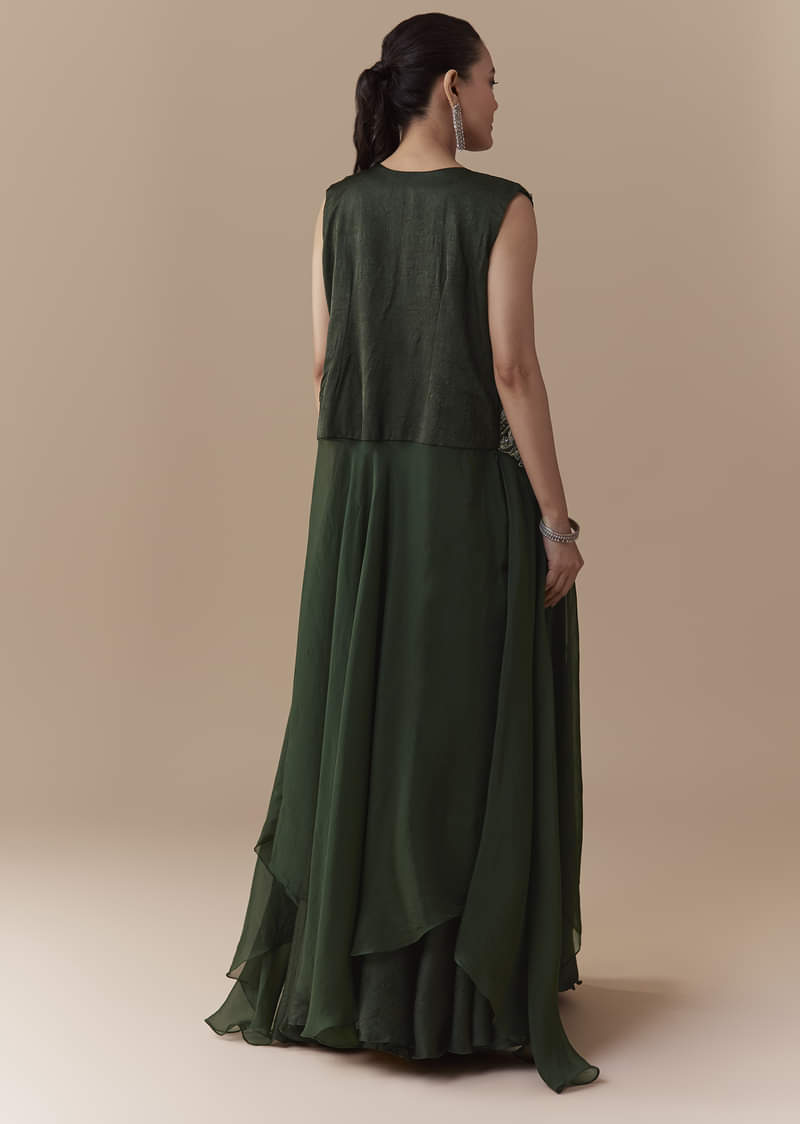 Olive Crop Top Silk Skirt Set with Sequin Jacket