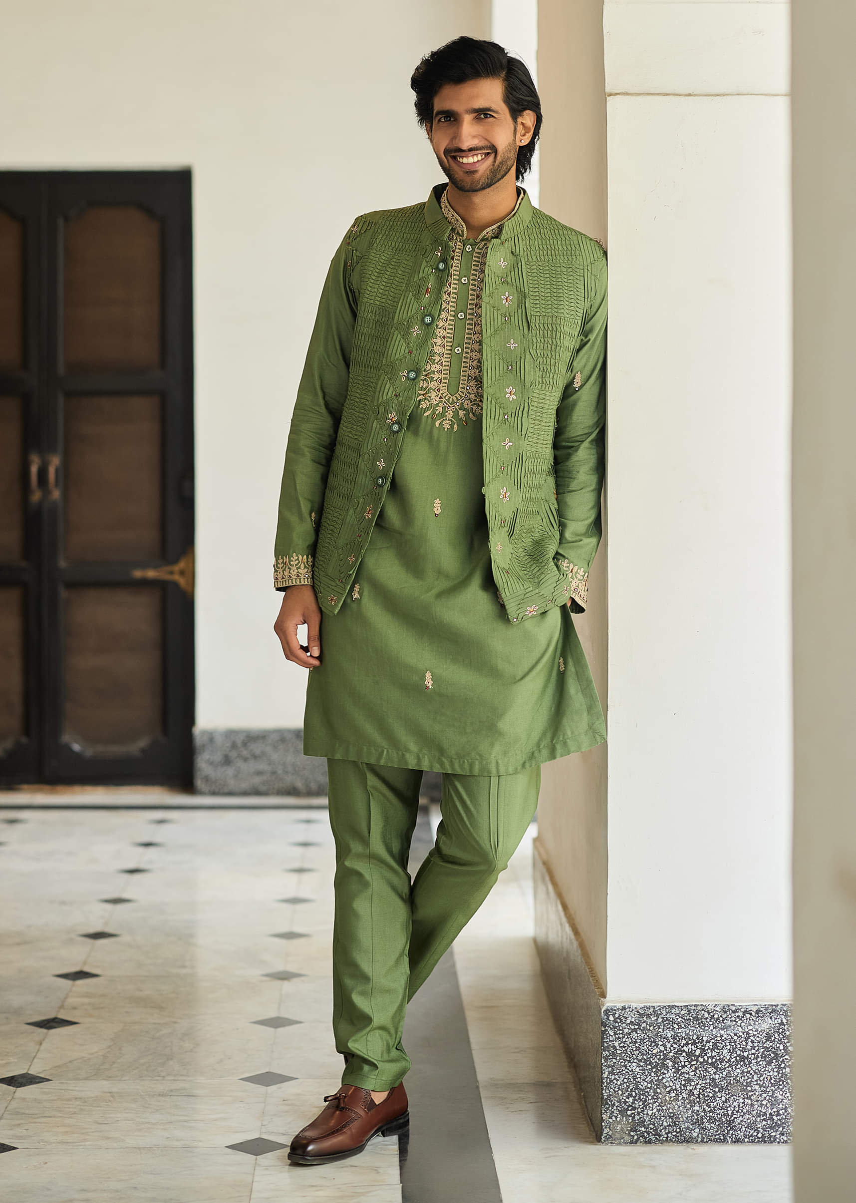 Buy Olive Green Mirror Embroidered Kurta Jacket Set | KALKI