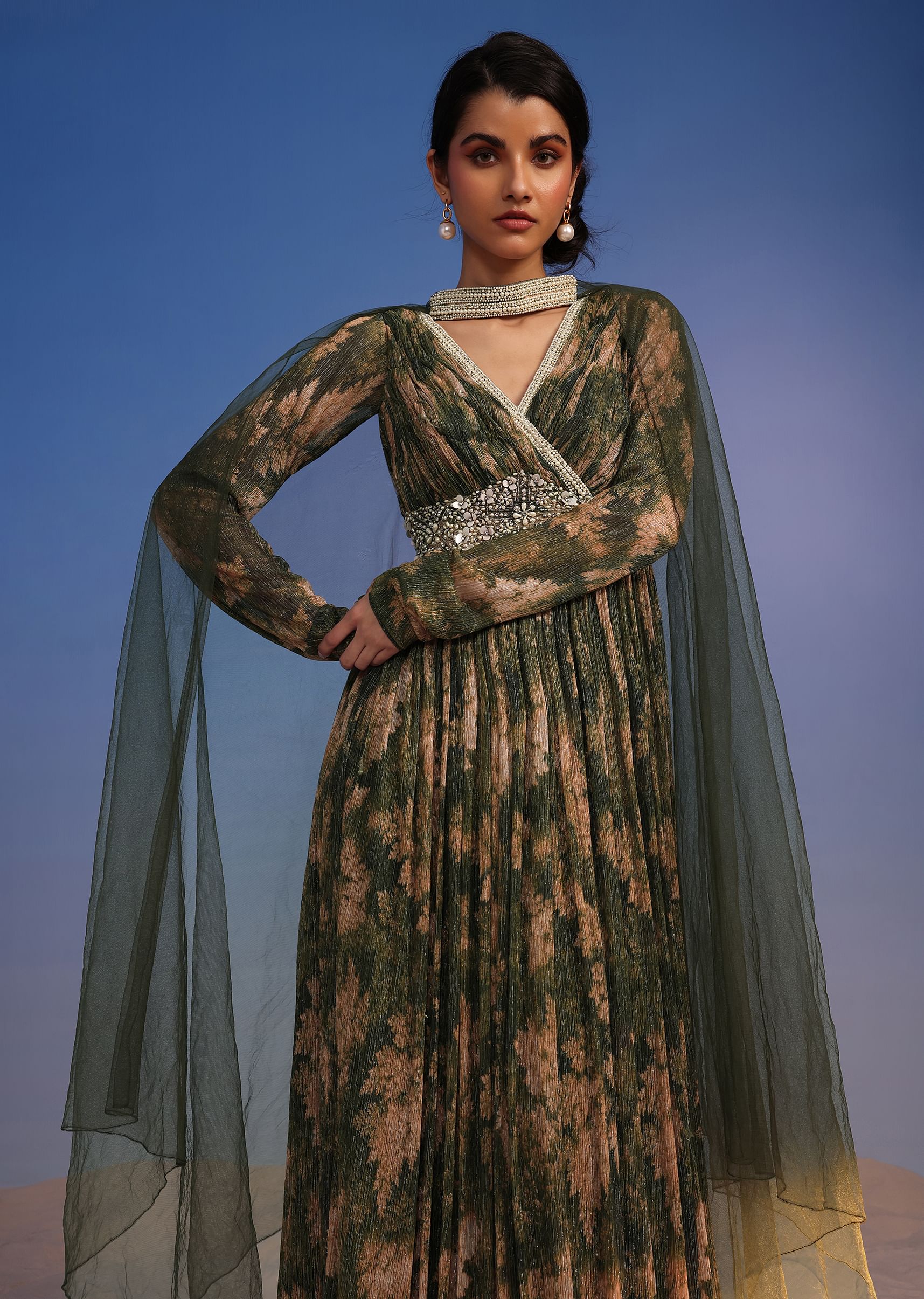 Buy Olive Green Anarkali Suit In Crush With Floral Print And Embroidered Choker Dupatta KALKI Fashion India
