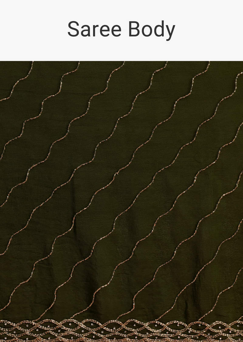 Olive Green Chinnon Saree With Cutdana Work