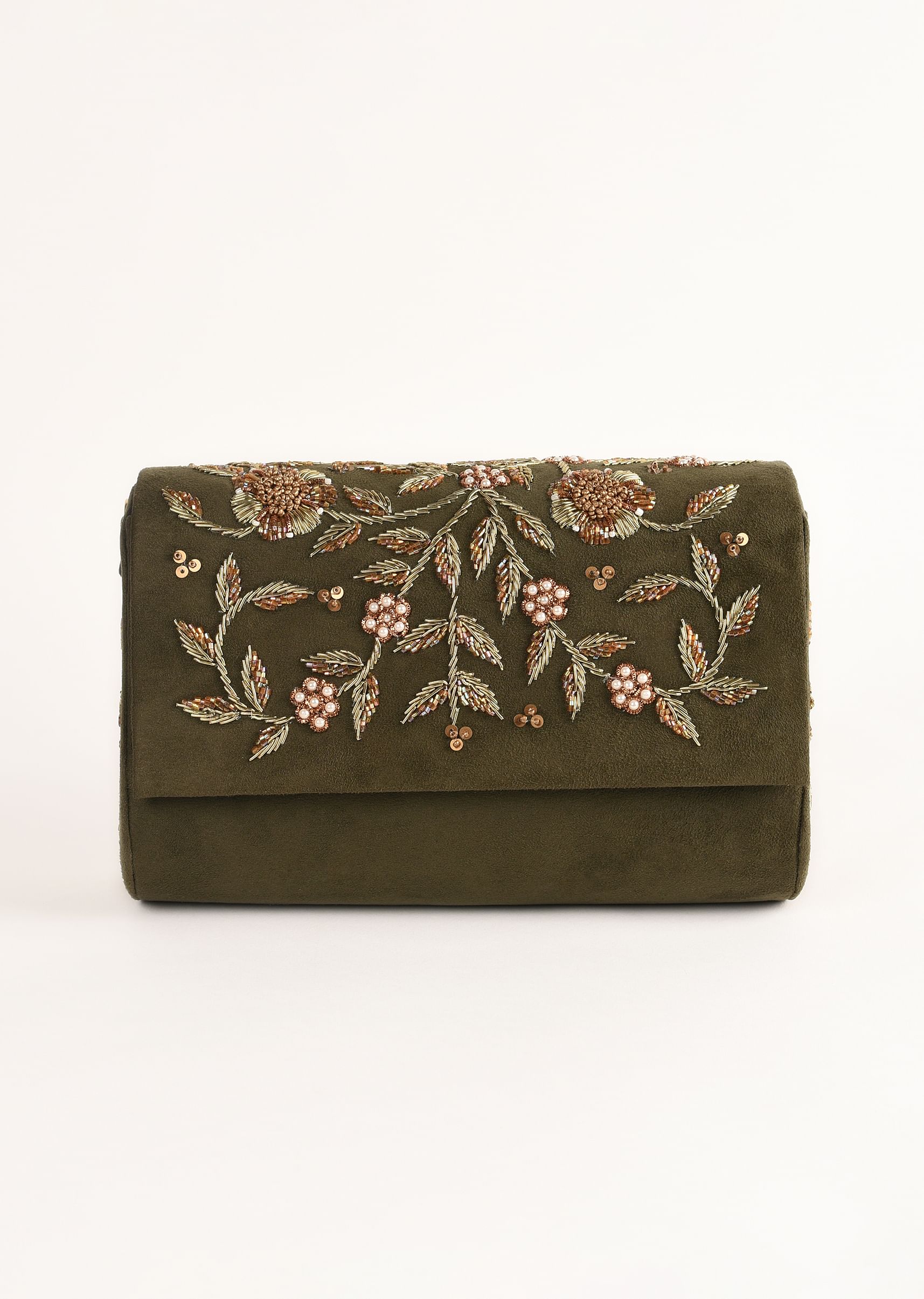 Buy Olive Green Clutch In Suede With Zardosi Embroidered Floral Motifs KALKI Fashion India